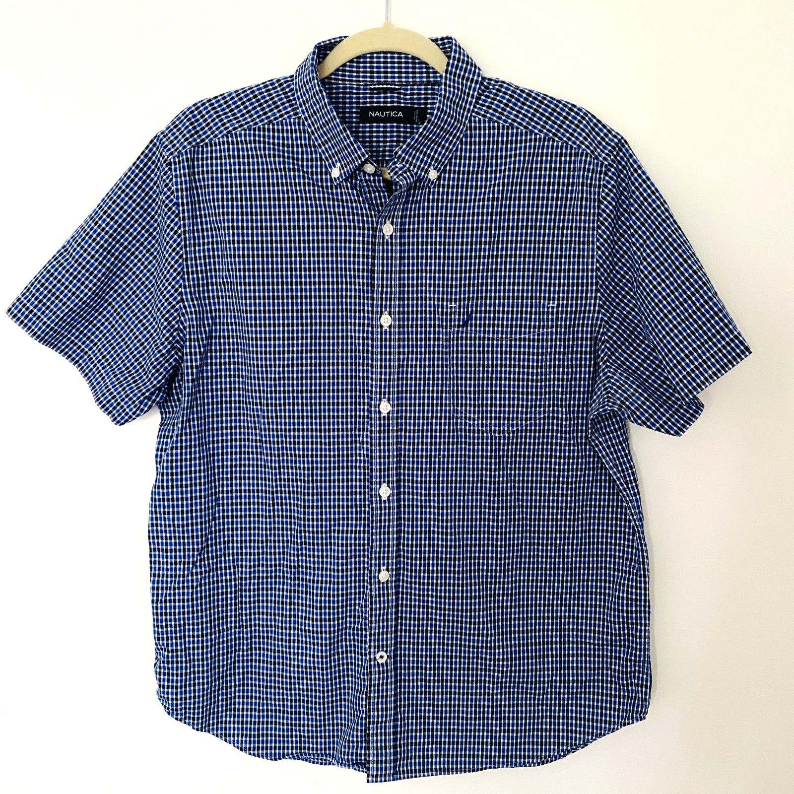 Nautica Blue Checkered Short Sleeve Cotton Button Down Plaid Shirt Sz L